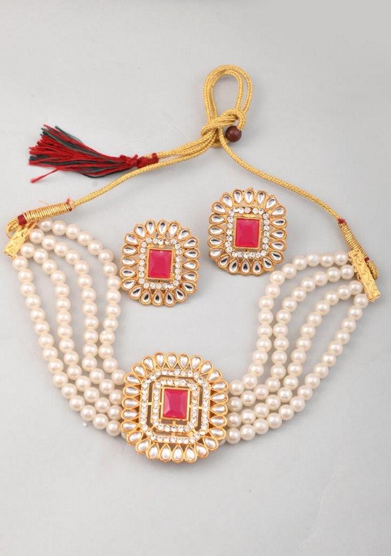 Gold Plated Pearl And Stone Choker With Earrings Set