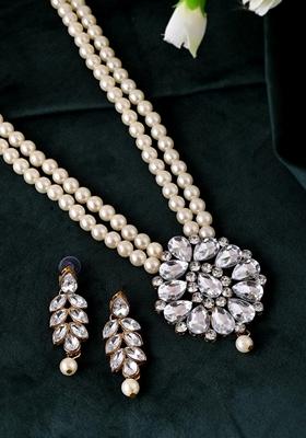Gold Plated Kundan Studded Pearl Long Necklace And Earrings Set