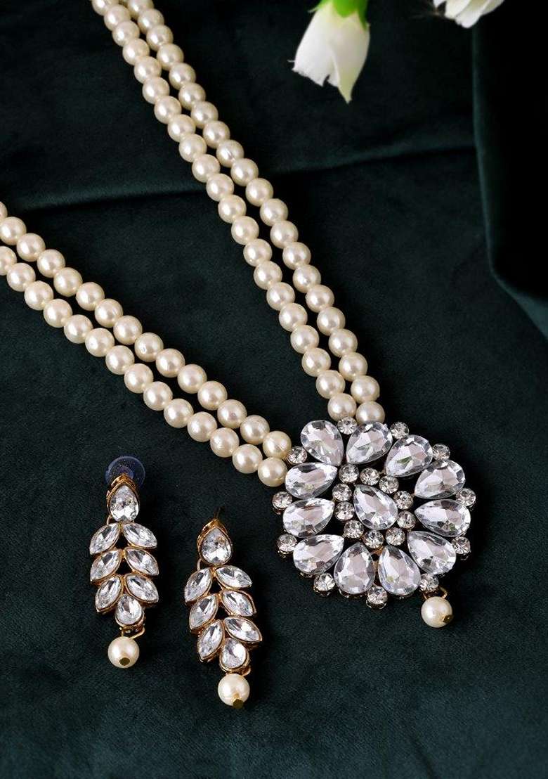 Gold Plated Kundan Studded Pearl Long Necklace And Earrings Set - Indya