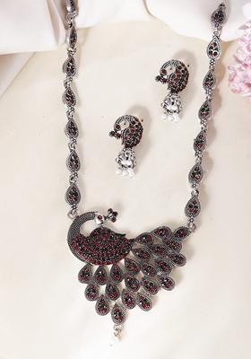 Silver Plated Peacock Shaped Stone Studded Necklace Set