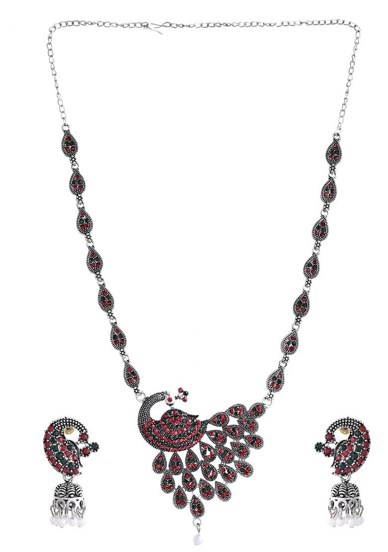 Silver Plated Peacock Shaped Stone Studded Necklace Set