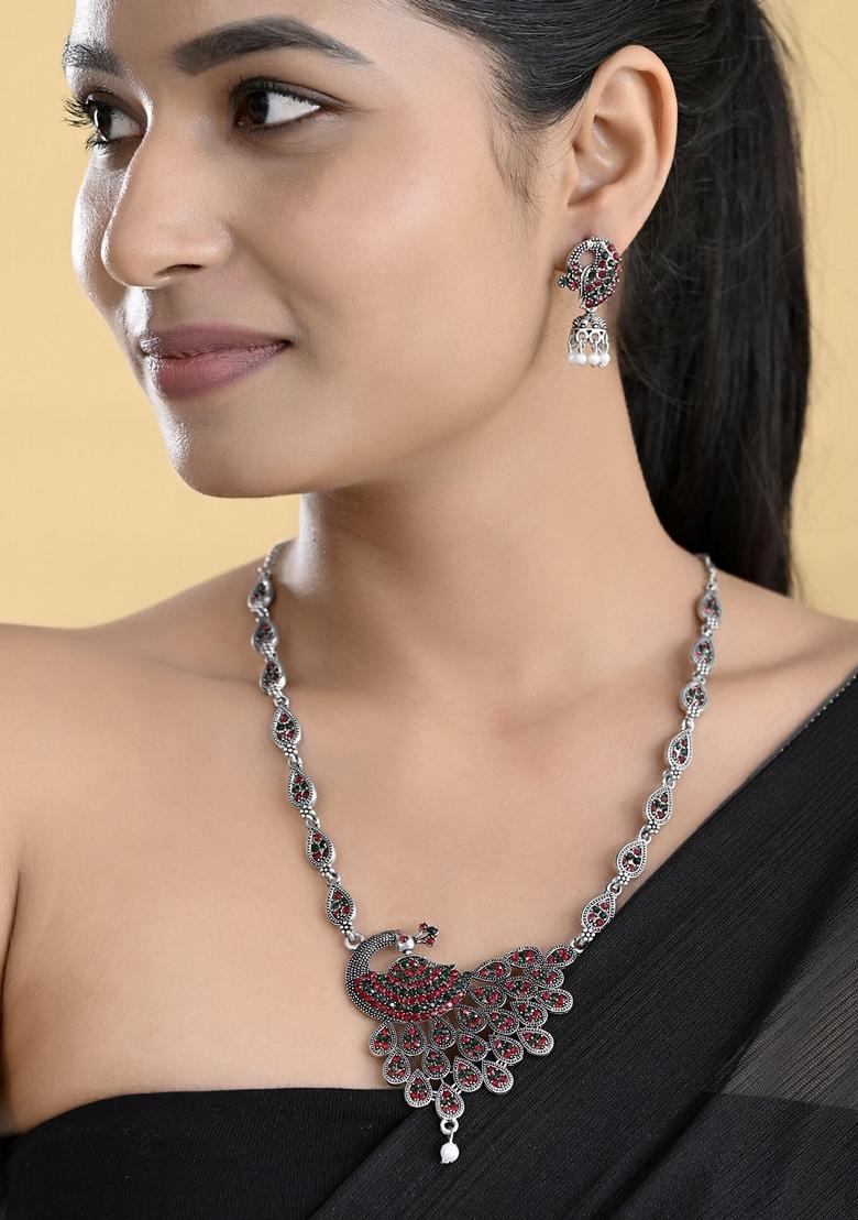 Silver Plated Peacock Shaped Stone Studded Necklace Set