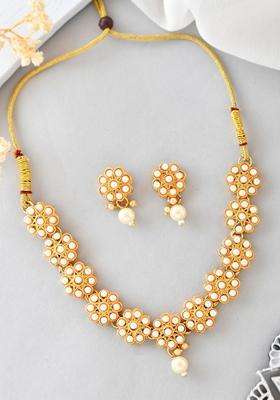 Gold Plated Pearl Studded Floral Necklace And Earrings