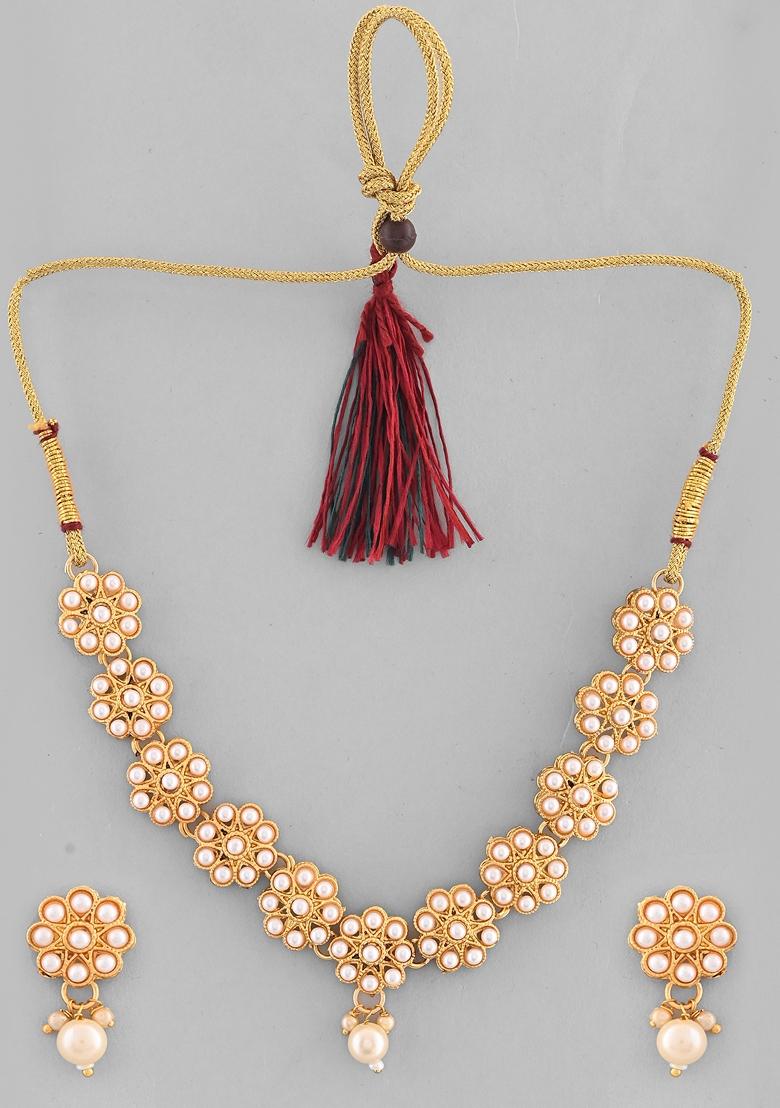 Gold Plated Pearl Studded Floral Necklace And Earrings