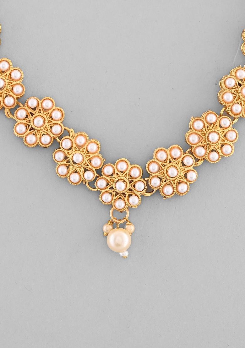 Gold Plated Pearl Studded Floral Necklace And Earrings