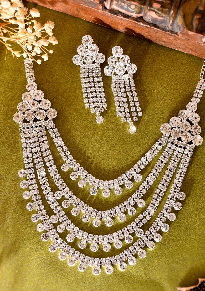 Silver Plated Stone Studded Layer Necklace Set - Indya