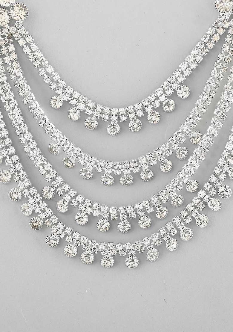 Silver Plated Stone Studded Layer Necklace Set - Indya