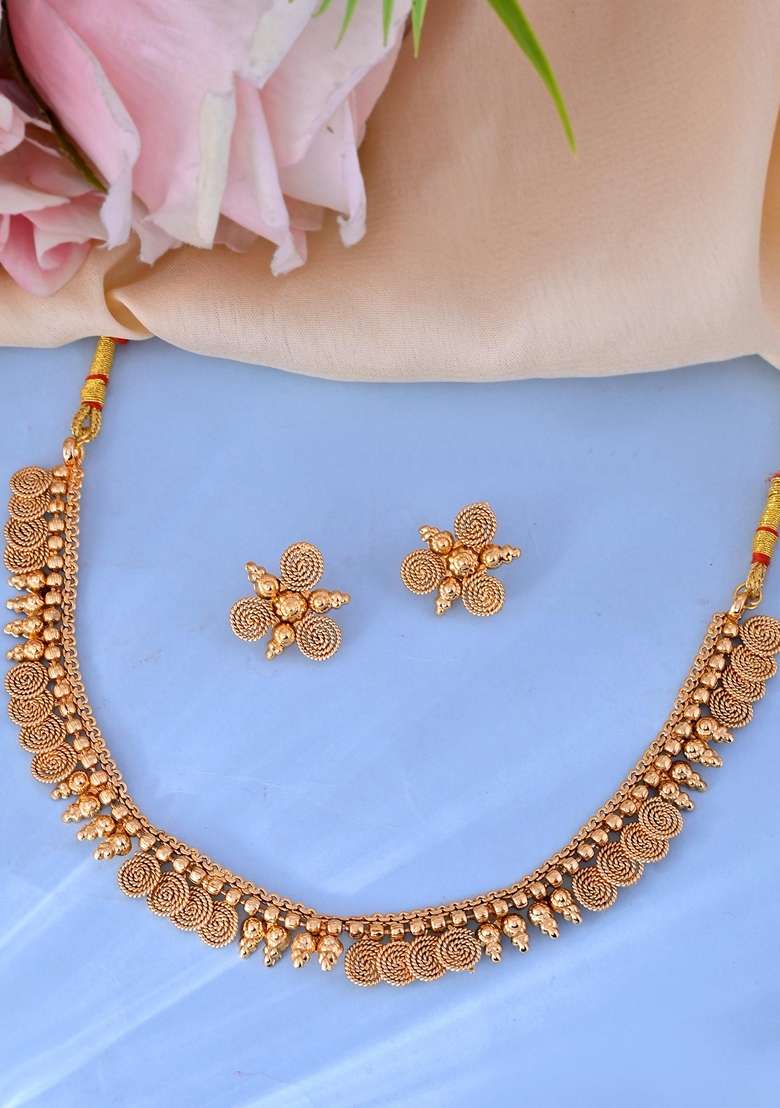 Gold Plated Round Designed Necklace With Earrings Set - Indya