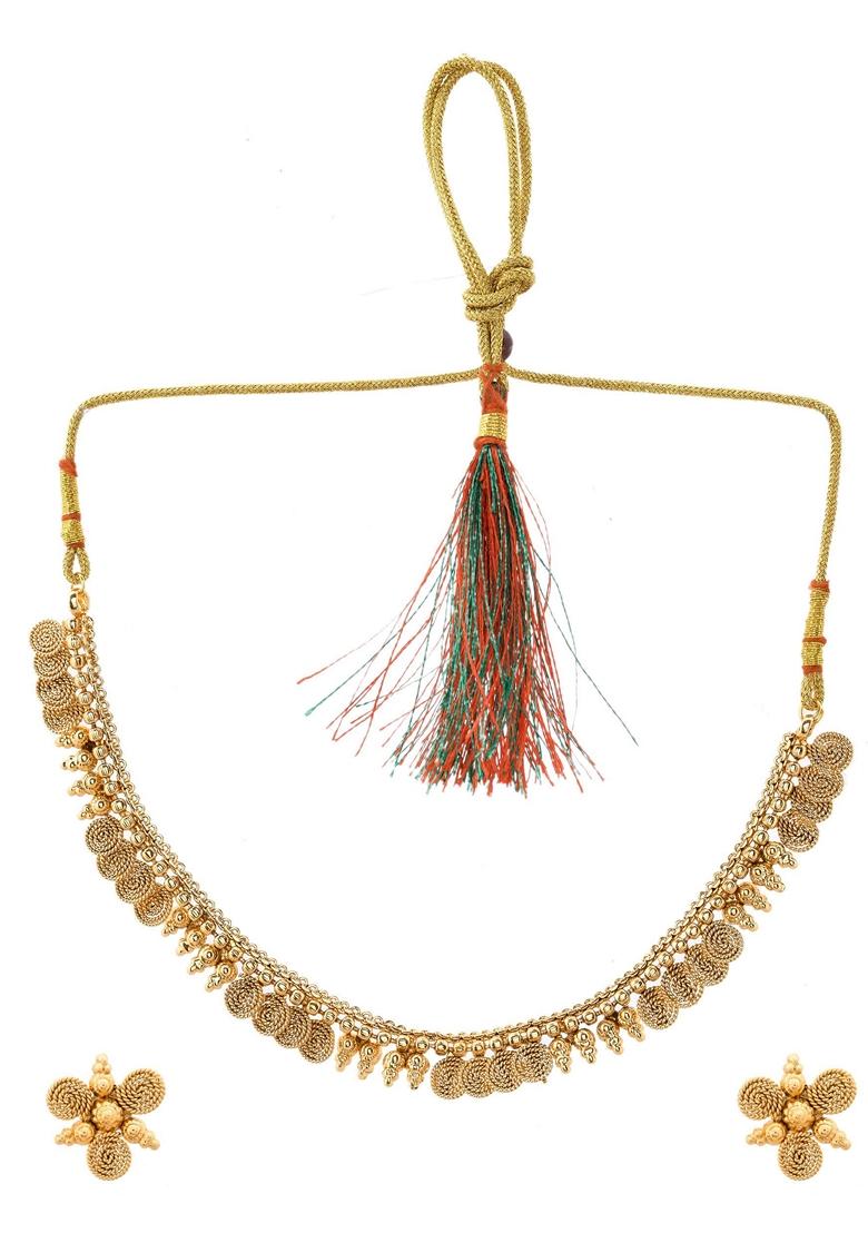Gold Plated Round Designed Necklace With Earrings Set