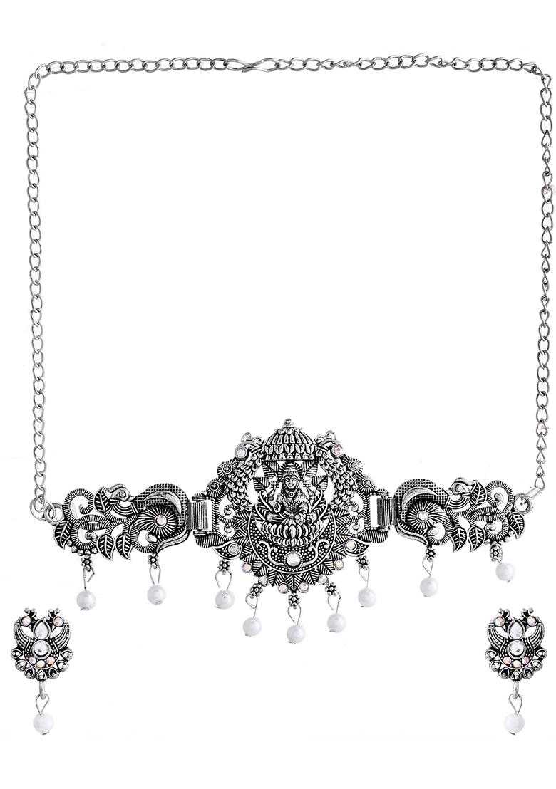 Silver Plated Oxidized Temple Necklace Set