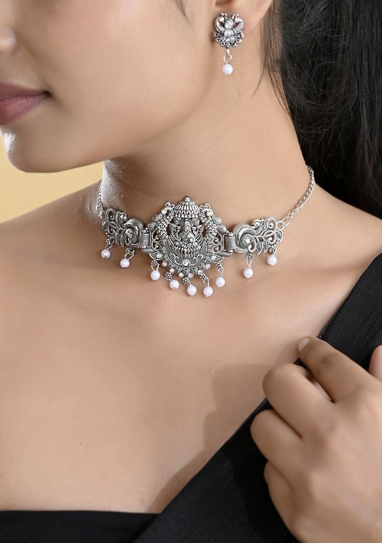 Silver Plated Oxidized Temple Necklace Set