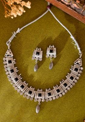 Silver Plated Black Stone Studded Oxidized Necklace Set