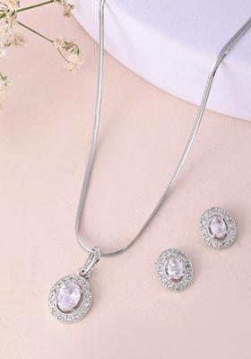 Silver Plated Ad Studded Pendant With Chain And Earrings Set