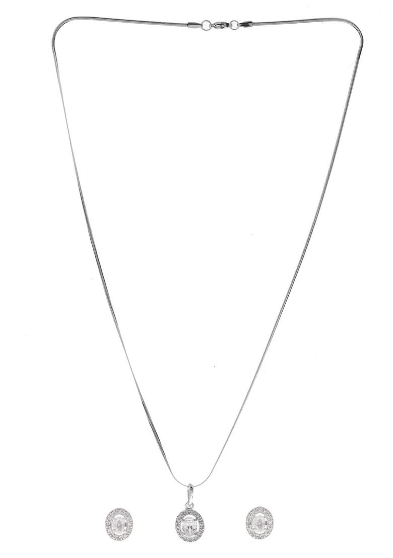 Silver Plated Ad Studded Pendant With Chain And Earrings Set