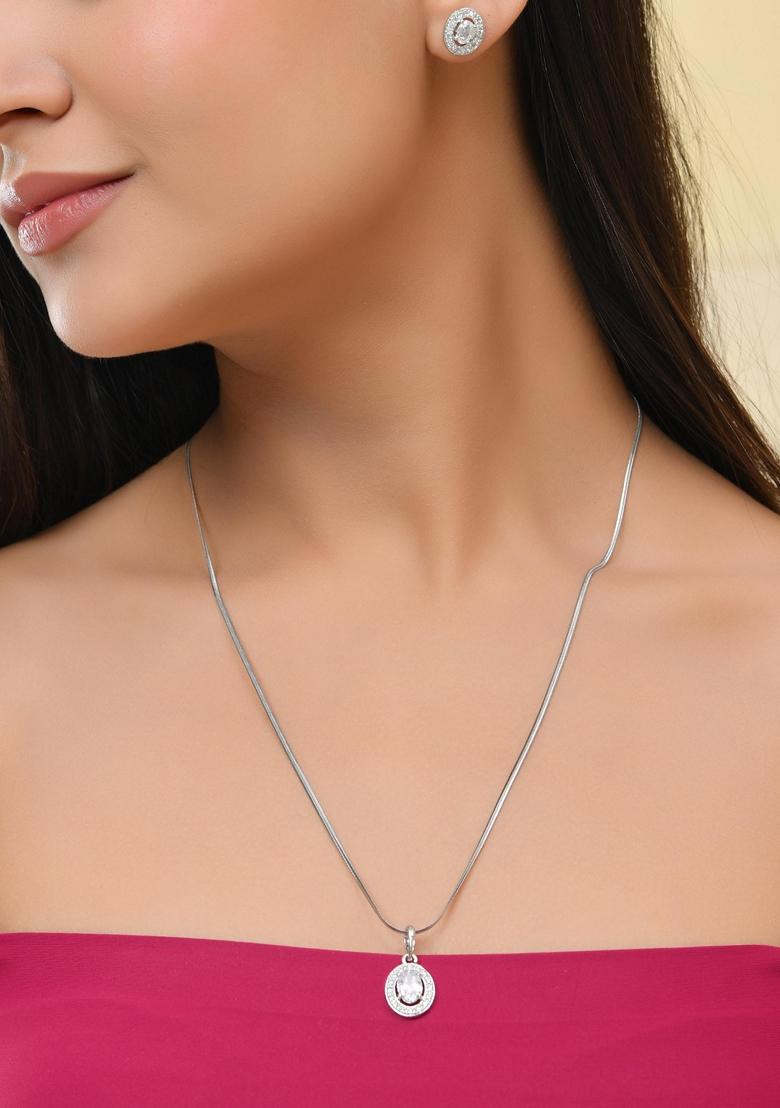 Silver Plated Ad Studded Pendant With Chain And Earrings Set