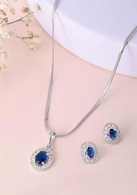 Blue Blue Ad Studded Pendant With Chain And Earrings Set