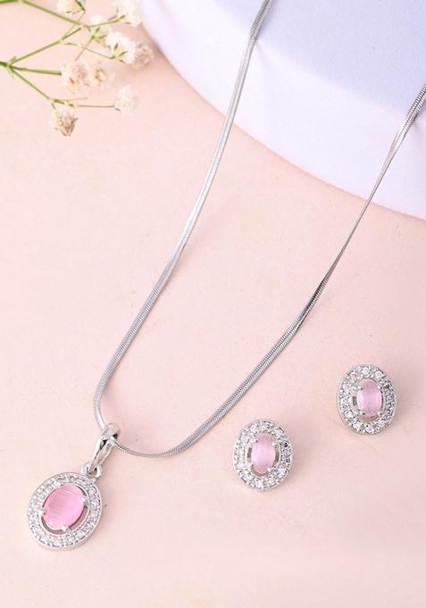 Pink Ad Studded Pendant With Chain And Earrings Set