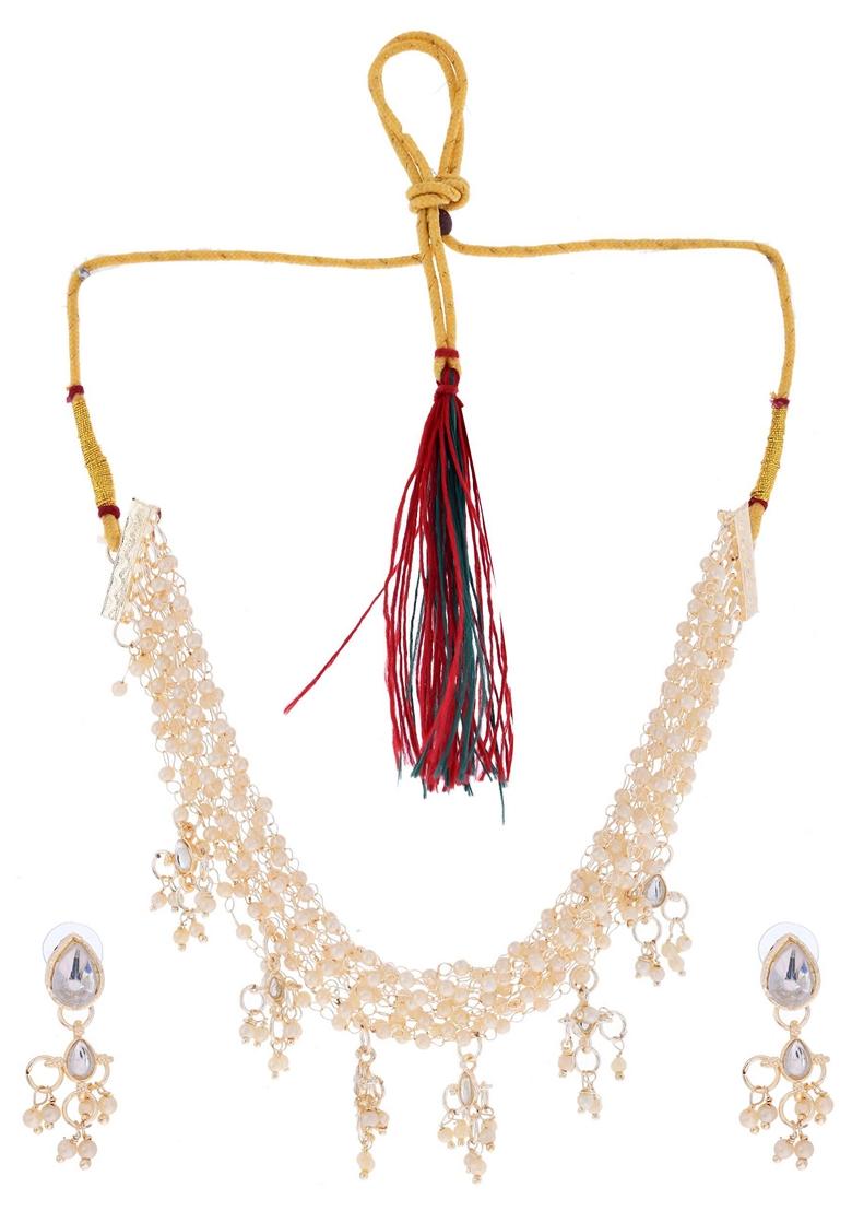 Gold Plated Layered Pearl Choker With Earrings Set