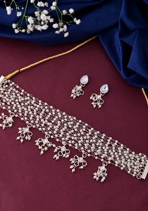 Gold Plated Layered Pearl Choker With Earrings Set