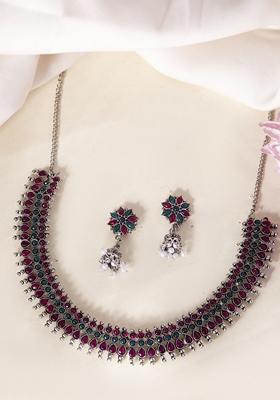 Silver Plated Oxidized Stone Choker With Earrings Set