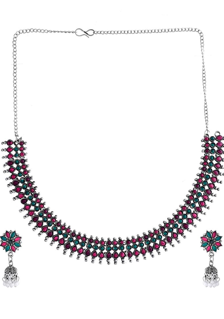 Silver Plated Oxidized Stone Choker With Earrings Set