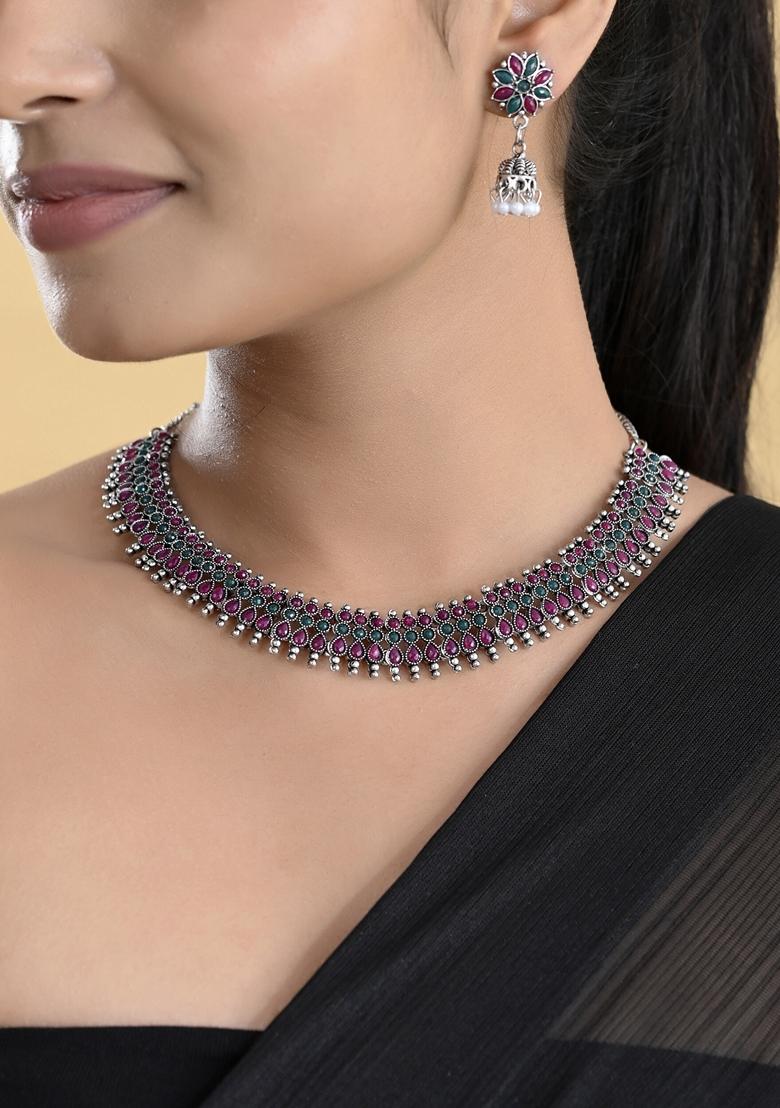 Silver Plated Oxidized Stone Choker With Earrings Set