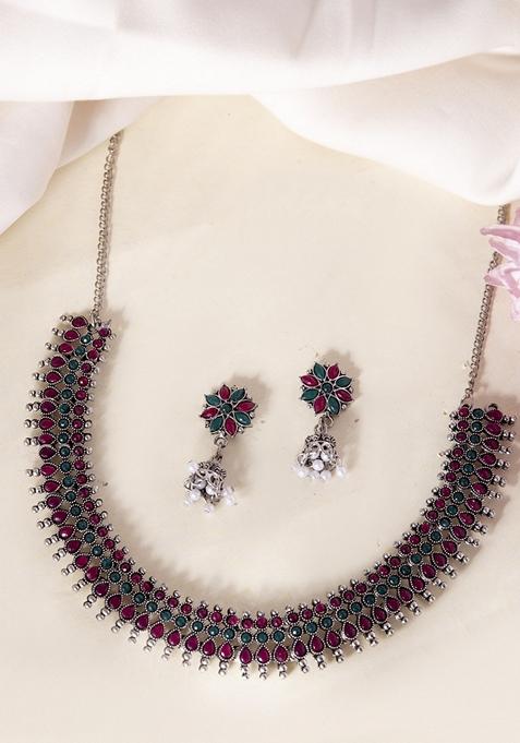 Silver Plated Oxidized Stone Choker With Earrings Set