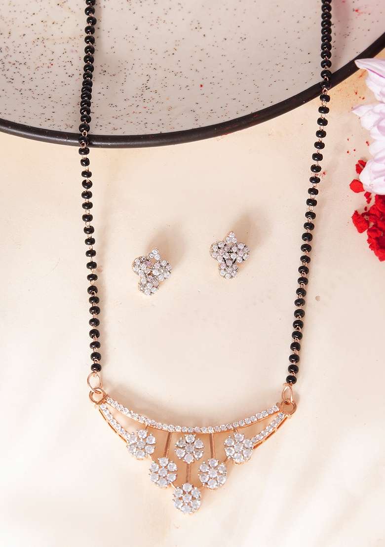 Rose Gold Rose Toned Ad Stone Studded Floral Mangalsutra Set - Indya