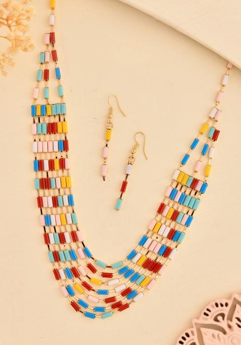 Multi Color Long Necklace With Earrings Set