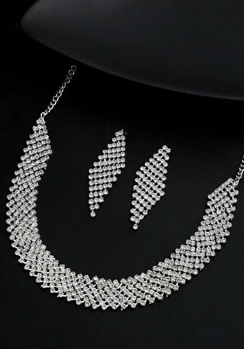 Silver Plated Ad Studded Choker And Earrings Set
