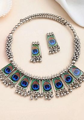 Silver Plated Oxidized Peacock Print Hasli With Earring Set