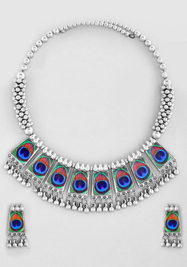 Silver Plated Oxidized Peacock Print Hasli With Earring Set