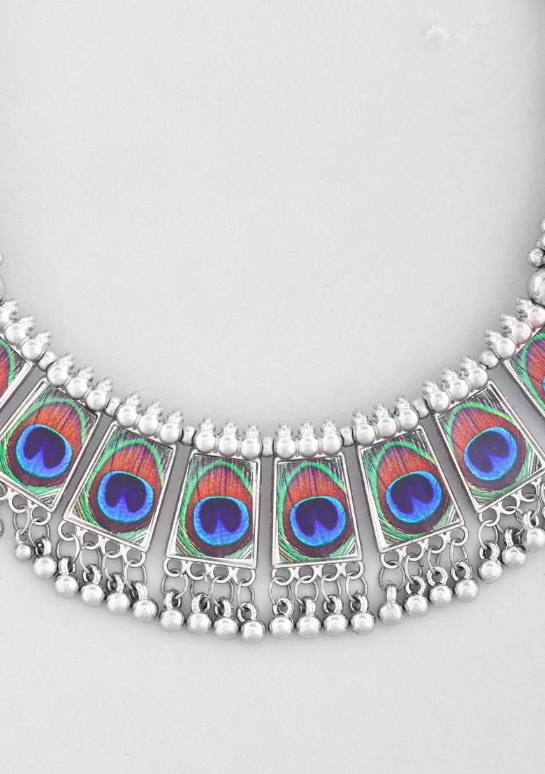 Silver Plated Oxidized Peacock Print Hasli With Earring Set