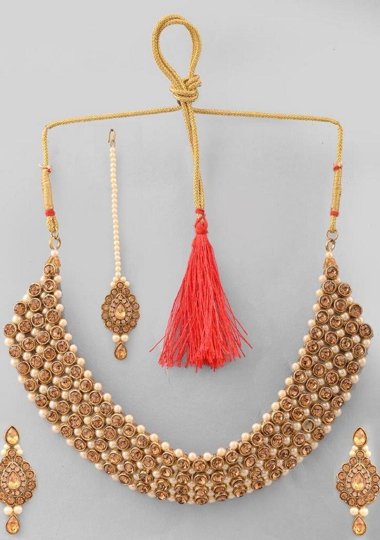 Gold Plated Choker Necklace With Earrings And Managtikka Set