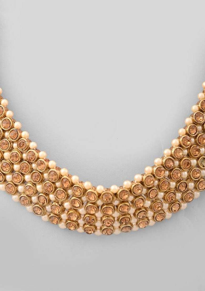 Gold Plated Choker Necklace With Earrings And Managtikka Set - Indya
