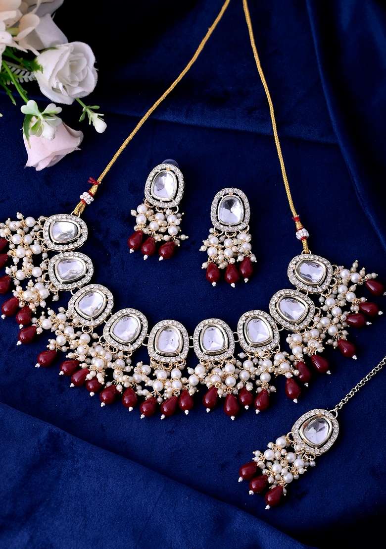 Gold Kundan Stone And Maroon Beaded Studded Plated Necklace Set - Indya