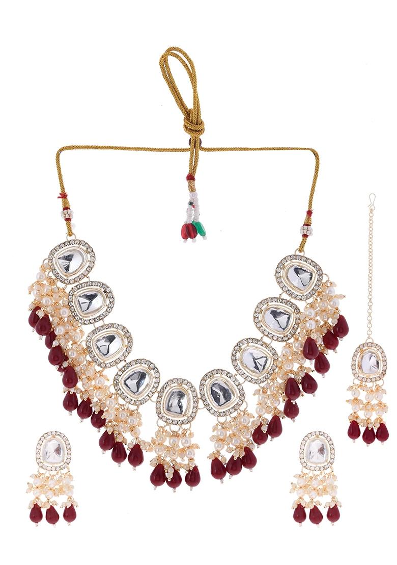 Gold Kundan Stone And Maroon Beaded Studded Plated Necklace Set