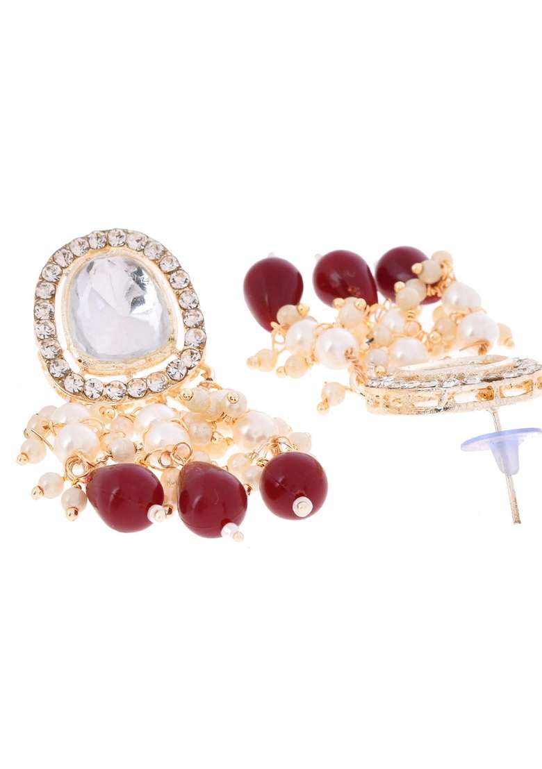 Gold Kundan Stone And Maroon Beaded Studded Plated Necklace Set - Indya