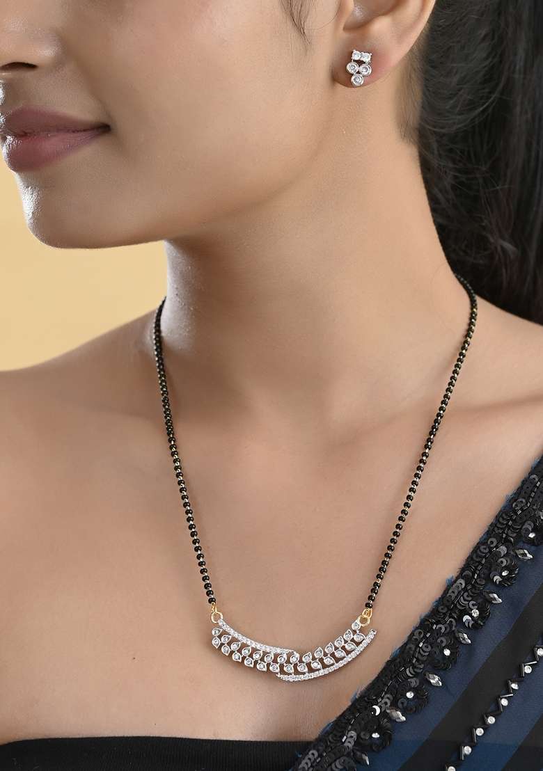 Silver Toned Ad Stone Studded Designer Mangalsutra Set - Indya
