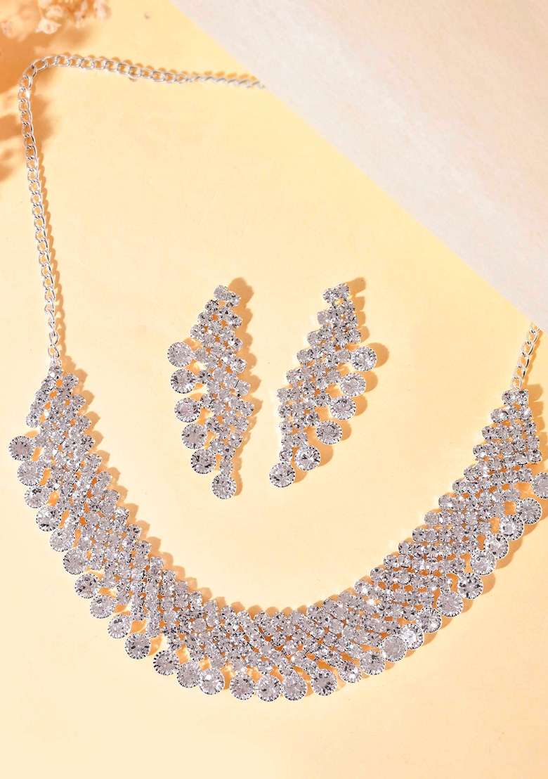 Silver Ad Stone Studded Plated Necklace With Drop Earrings Set - Indya
