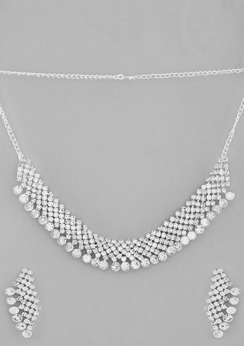 Silver Ad Stone Studded Plated Necklace With Drop Earrings Set