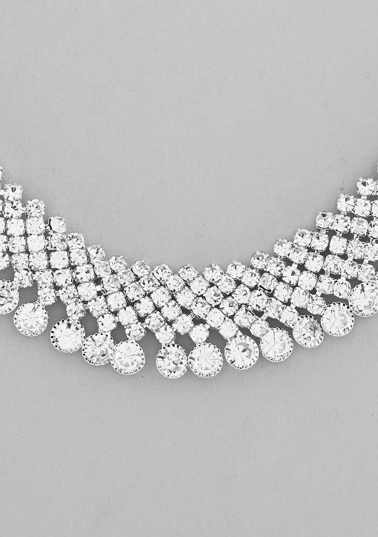 Silver Ad Stone Studded Plated Necklace With Drop Earrings Set - Indya