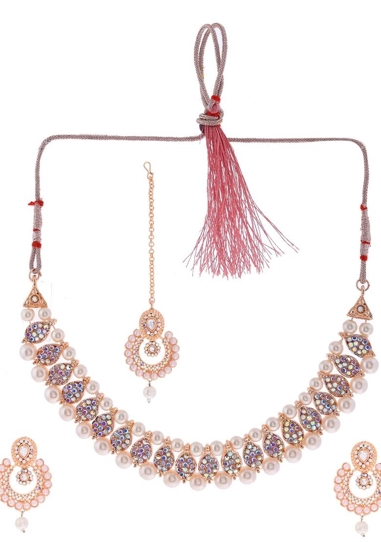 Gold Plated Stone Choker Necklace Set With Maang Tikka