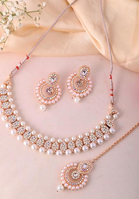Gold Plated Stone Choker Necklace Set With Maang Tikka