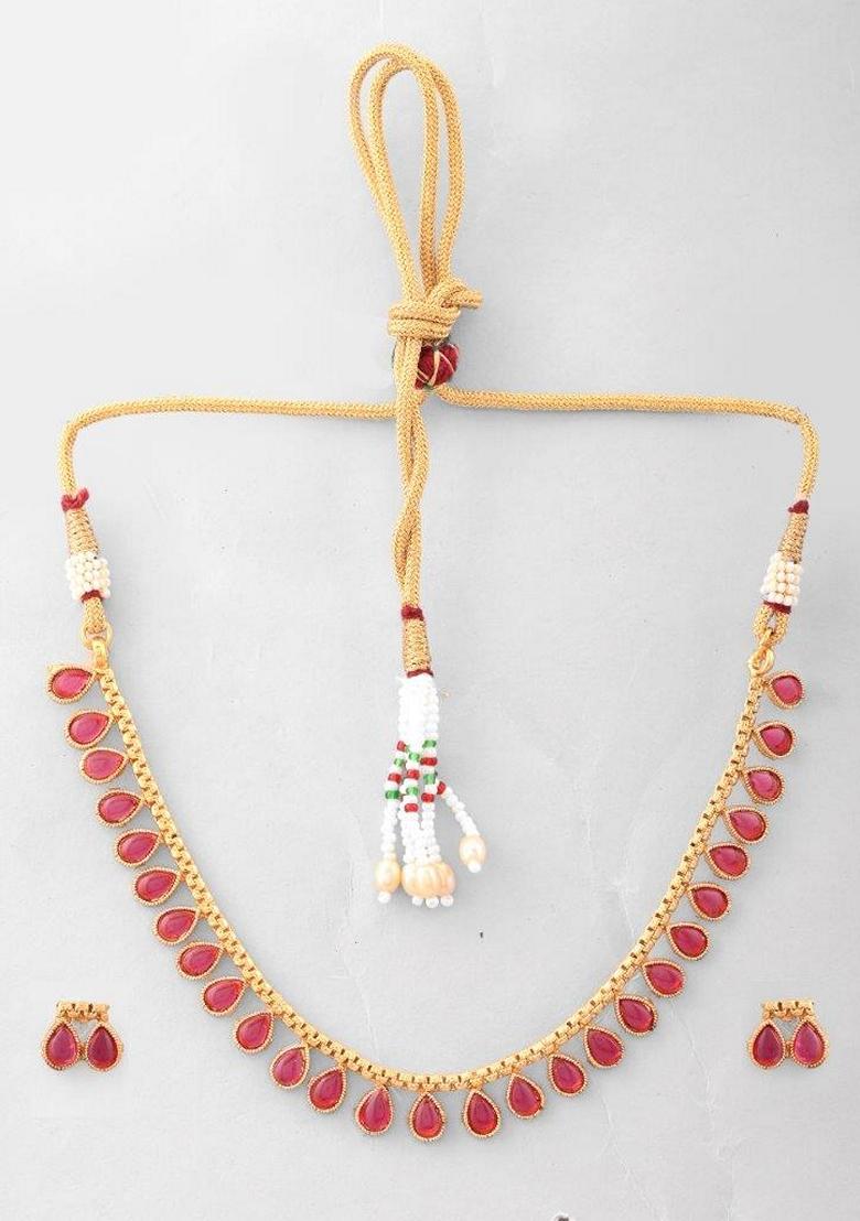 Gold Plated Maroon Stone Studded Jewellery