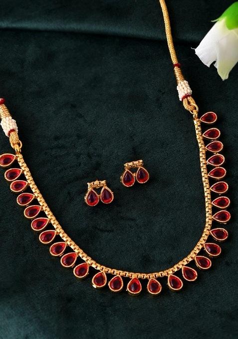 Gold Plated Maroon Stone Studded Jewellery