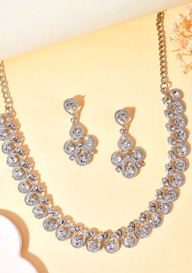 Silver Ad Stone Studded Plated Necklace And Earrings Set - Indya