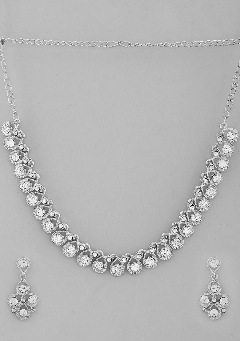 Silver Ad Stone Studded Plated Necklace And Earrings Set