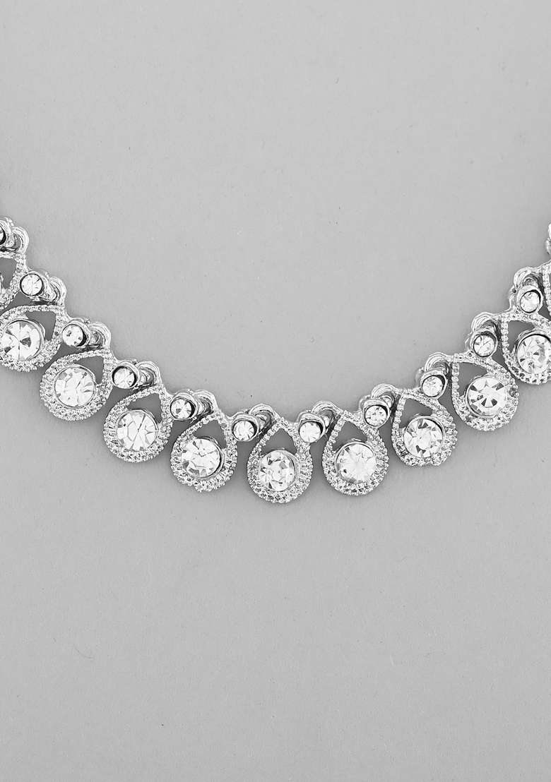 Silver Ad Stone Studded Plated Necklace And Earrings Set - Indya