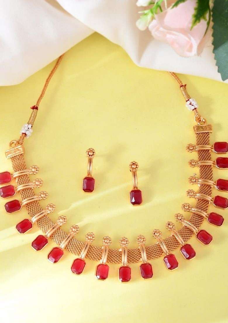 Gold Plated Stone Studded Necklace And Earrings Set - Indya